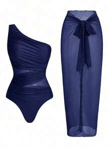 Swim Oasis Traje de baño de una pieza con panel de malla fruncida de unicolor y falda pareo - Azul marino - Ver 8