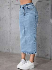 Falda vaquera de tubo casual con abertura elástica para mujer, Orgullo 4 de julio para mujer, Atuendos para maestras, Atuendos de vacaciones Vacay Primavera - Azul - Ver 3