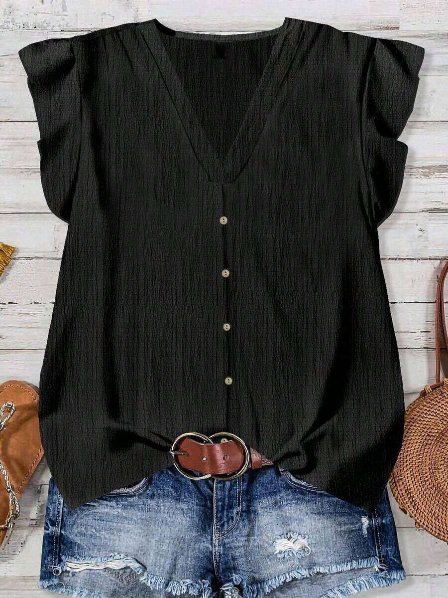 Camisa minimalista casual para mujer, adecuada para el verano - Negro - Ver 1