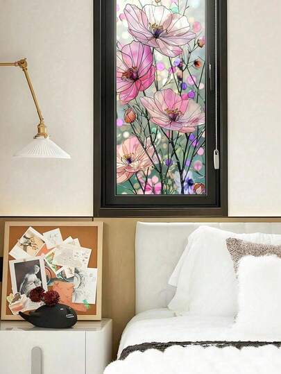 1pc Colorful Floral Pattern PVC Frosted Static Cling Window Film, Glue-Free Static Adsorption, Removable, Privacy Protection, Blocks Sunlight And UV, Suitable For Home Decor, Bedroom, Living Room, Kitchen, Bathroom Door And Window Decoration. High-Quality Removable Glue-Free, Reusable, Easy To Install Home Decor Window Film.