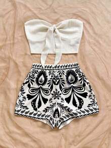 Conjunto informal de 2 piezas de top tubo corto anudado de unicolor y shorts con estampado floral para vacaciones de mujer - Multicolor 3 - Ver 3