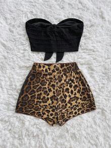 Conjunto informal de 2 piezas de top tubo corto anudado de unicolor y shorts con estampado floral para vacaciones de mujer - Multicolor 2 - Ver 2