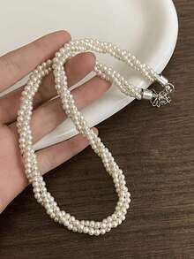 1 chiếc vòng cổ ngọc trai giả, vòng cổ choker xoắn nhiều lớp tối giản sang trọng, vòng cổ thanh lịch thời trang dành cho nữ. - Bạc - Xem 2