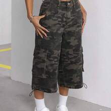 ICON Women's Camouflage Patterned Casual Denim Pants With Pockets, Summer - Verde militar - Ver 2