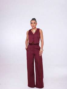 Wide-Leg Pants By Alntaria Risco Calca111114 - Burgundy - View 3