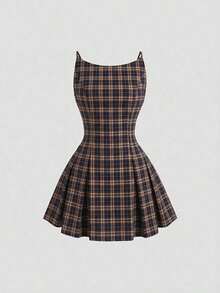 Elegante vestido mini ajustado sin mangas con estampado de cuadros - Morado - Ver 7