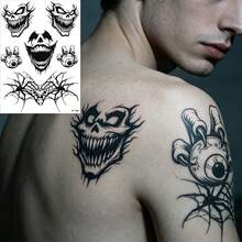 1pc Horror Skull & Spider Web Temporary Tattoo Set - Realistic Black Ink Style, Waterproof & Remova Ble For Boys & Girls Waterproof Horror Body Makeup For Cosplay, Party & Costume,Sketch Style - Black - View 2