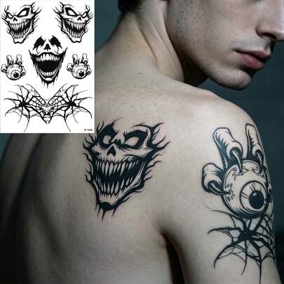 1pc Horror Skull & Spider Web Temporary Tattoo Set - Realistic Black Ink Style, Waterproof & Remova Ble For Boys & Girls Waterproof Horror Body Makeup For Cosplay, Party & Costume,Sketch Style