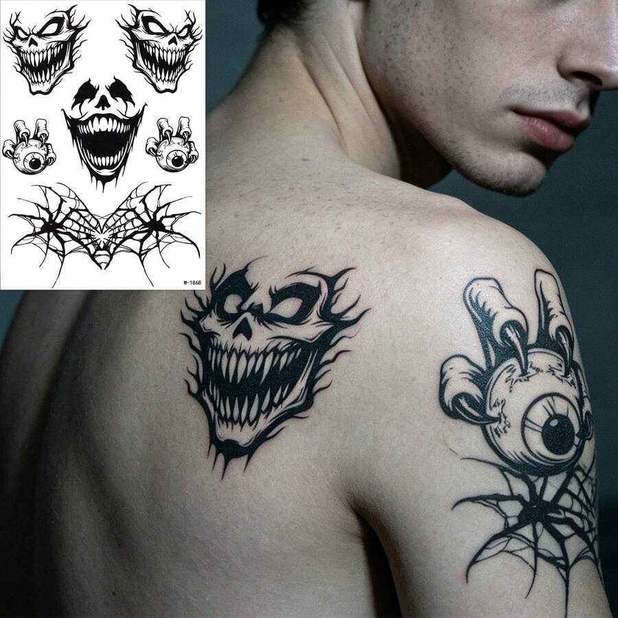 1pc Horror Skull & Spider Web Temporary Tattoo Set - Realistic Black Ink Style, Waterproof & Remova Ble For Boys & Girls Waterproof Horror Body Makeup For Cosplay, Party & Costume,Sketch Style