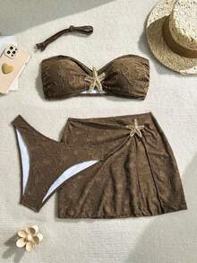 Conjunto de 3 piezas bikini bandeau con textura y adorno de estrella de mar para mujer, perfecto para el verano - Marrón - Ver 1