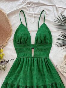 Vestido de vacaciones sin mangas con tirantes tipo espagueti, escote en V, estilo en línea A con huecos y espalda descubierta, 25 estilos - Verde - Ver 4