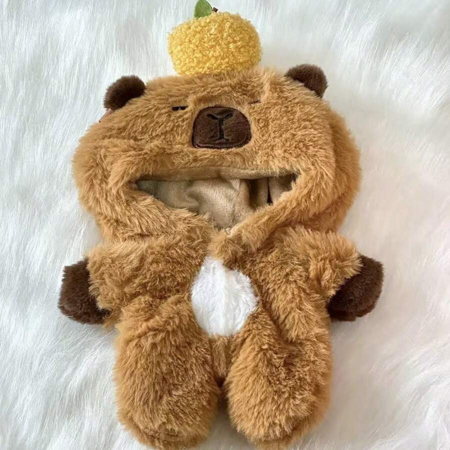 20cm Cute Cotton Capybara Themed Jumpsuit, Paired With Adorable Lemon Top, Soft And Warm Hooded Doll Outfit, Fashionable And Cute Doll Accessory, Suitable For Daily Dress-Up And Holiday Gifts