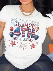 Mother's Day Set -  - Patriotic Independence Day T-Shirt - Celebrating Fireworks And The Stars And Stripes Pattern - Red, White, And Blue T-Shirt - Independence Day Set - Casual T-Shirt Suitable For Parades, BBQs, And Parties - Machine Washable - Classic American Clothing, Crew Neck Design, Suitable For All Seasons. Cute Tops For Women - 白色 - 查看 7