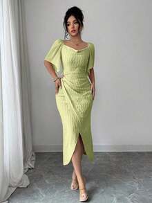 Vestido elegante ajustado con cuello de volantes, mangas de pétalos y hebilla metálica de bloque de color para mujer, primavera/verano - Verde pastel - Ver 6