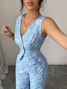 Elenzya Conjunto de 2 piezas de chaleco y pantalones azules de estilo elegante y casual para uso diario y de negocios, con estampado de margaritas africanas y relieve de jacquard, para mujer - Azul - Ver 3