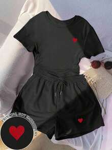 Conjunto casual de camiseta con estampado bordado de corazón y shorts de cintura elástica para mujer, adecuado para deportes al aire libre, regalo para mujeres, hermanas, mamá, Día de la Madre, Día de San Valentín - Negro - Ver 4