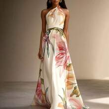 Women's Printed Sleeveless Halter-Neck Elegant Maxi Dress - Perfect For Parties And Vacations - 象牙白色 - 查看 1