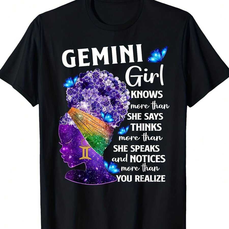 Gemini Queen Women'S T-Shirt - clothes with Amethyst And Butterflies, Vibrant Digital Print, Shclothest Regular Sleeve, Astrology Birthday Gift, Comfclothestable And Casual - Negro - Ver 1