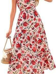 Bestseller Long V-Neck Pleated Ruffle Sleeve Printed Dress - Burgundy - View 3