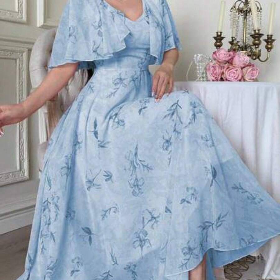 V-Neck Shawl Design Waist Cinched Flared Floral Print Chiffon Dress For Women - Azul - Ver 1