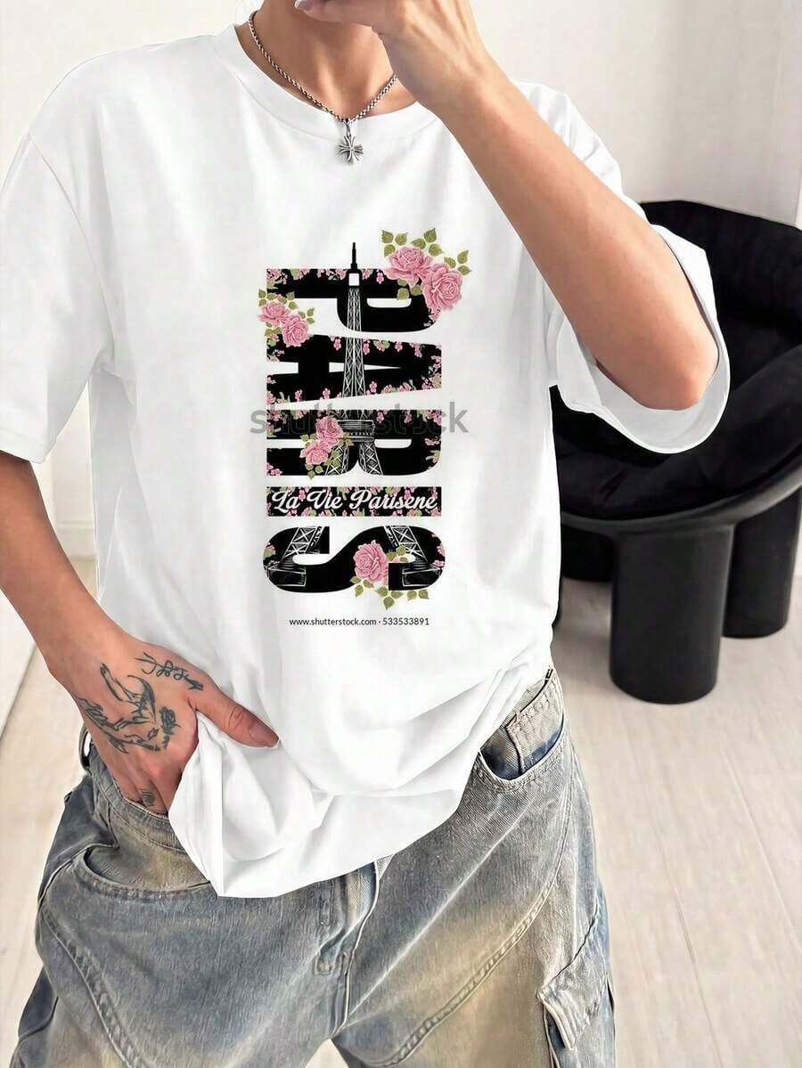 Nueva Colección 2026: Camiseta de Algodón para Mujer, Estilo Casual, Blanca con Estampado Floral de París, Hombros Caídos, Cuello Redondo, Manga Corta, Perfecta para de Verano, Algodón Ligero - Blanco - Ver 1