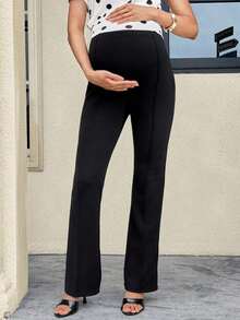 MaterniWear Pantalones elegantes de maternidad de unicolor con cintura ajustable y vuelo - Negro - Ver 5