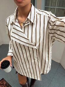 Camisa casual y holgada con rayas de efecto de dos piezas para mujer - Caqui - Ver 7