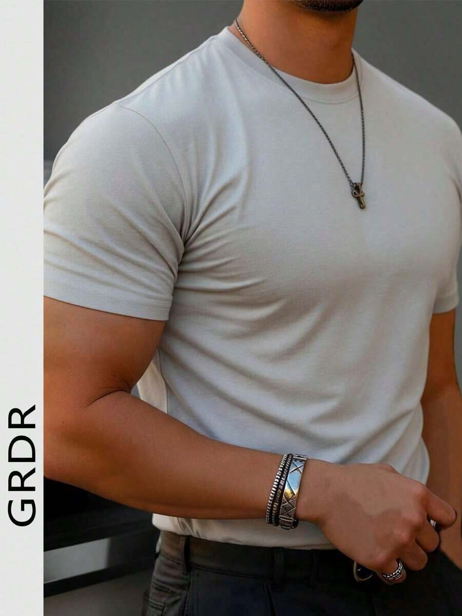 Men's Fashionable Solid Color Basic Short Sleeve Casual T-Shirt GRDR - Light Grey - View 1