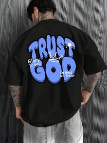 Men's Christian Faith T-Shirt - "Trust In The Lord, Glory In Him" Print On The Back With A Crown And Bible Verse (Psalm 23:1) - Loose-Fitting Casual S - 黑色 - 查看 8