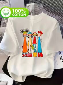 Women's 100% Cotton Summer T-Shirt; Short-Sleeve Top With Colorful Cartoon Print; Soft Base Layer For Women; Comfortable, Breathable, And Loose-Fitting Short-Sleeve Casual T-Shirt; Suitable For Outdoor Wear, Street Style, And Layering At Home; A Spring Must-Have - 白色 - 查看 1
