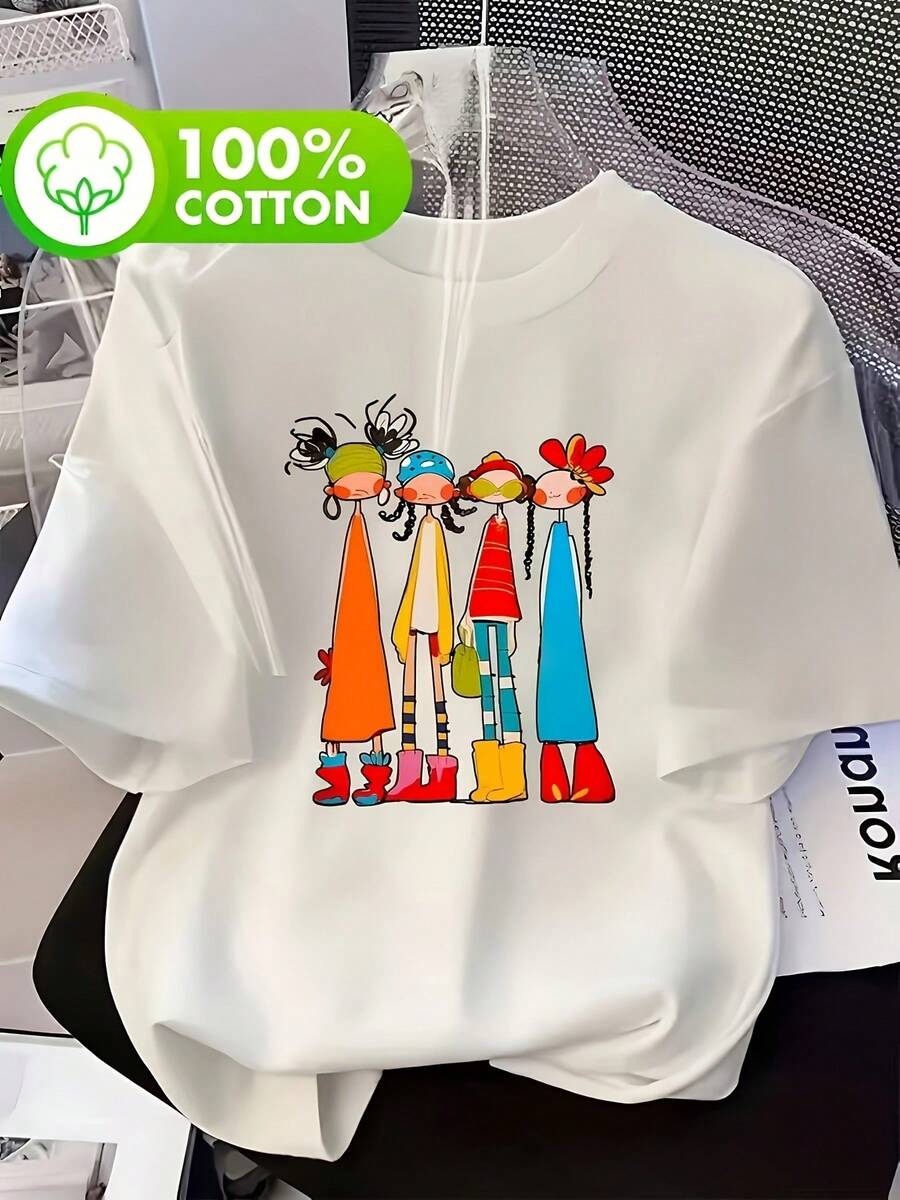 Women's 100% Cotton Summer T-Shirt; Short-Sleeve Top With Colorful Cartoon Print; Soft Base Layer For Women; Comfortable, Breathable, And Loose-Fitting Short-Sleeve Casual T-Shirt; Suitable For Outdoor Wear, Street Style, And Layering At Home; A Spring Must-Have - 白色 - 查看 1