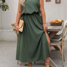 Plus Size LUNE Sleeveless Crew Neck Solid Color Casual Commute Dress, Waisted, Slit Hem, Suitable For Women - Burdeos - Ver 6