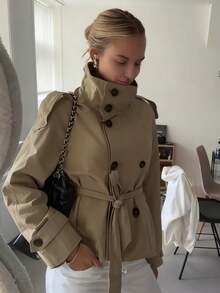 Elio Closet 女士宽松短款高领休闲风衣，卡其色系带长款防风外套，复古夹克，适合办公室穿着、冬季外套、圣诞节、新年春季穿搭 - 卡其色 - 查看 6