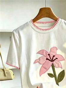 Camiseta de manga corta casual de mujer con bordado de limón, para verano - Blanco 4 - Ver 4