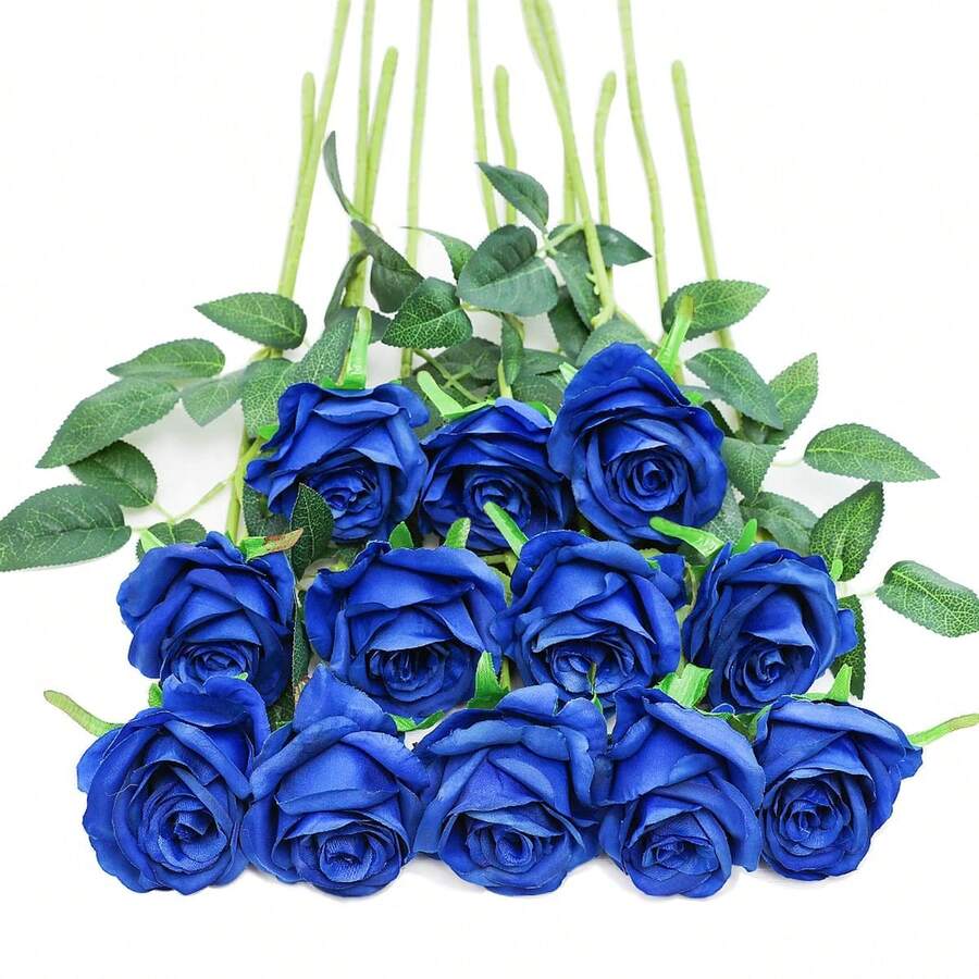20/40 Peças Rosas Artificiais Azul Safira, Buquê de Flores de Seda com Haste Longa Realista, Adequado para Festa, Casa, Decoração de Mesa de Casamento e Decoração DIY de Escritório - Azul - Visão 1