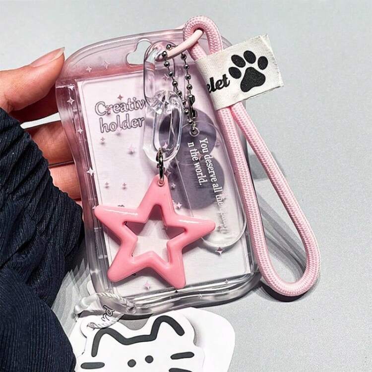 1pc Ins Style Star Shaped Card Holder, Wavy Edge Transparent TPU Shell Anti-Scratch Anti-Magnetic, Sliding Open/Close Design To Prevent Card Loss, Comes With Black & White Paw Print Braided Lanyard + Hollow Star Pendant, Available In Transparent / Gradient Dual Colors, Convenient Anti-Loss Design Does Not Block Card Swiping. - A - View 9