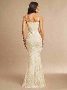 Vestido de tirantes finos maxi ajustado y elegante con diseño floral 3D en color marrón, adecuado para invitada de boda en otoño, fiesta, cóctel, noche, Navidad.Vestido maxi ceñido y con espalda descubierta, apropiado para fiesta de ot - Albaricoque - Ver 2