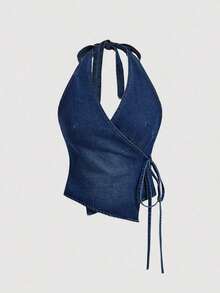 Blusa denim informal con espalda descubierta y atar para uso diario para mujeres - Azul lavado oscuro - Ver 6
