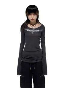 Seeslim Gothic Graphic T Shirts Women Long Sleeve Korean Fashion 2000s Clothes Y2k Slim Spring Autumn Tops Tees Female Clothing - 深灰色 - 查看 4