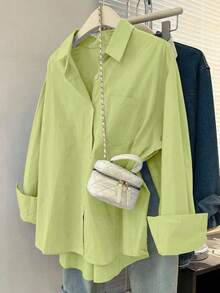 Camisa casual de mujer de unicolor, de manga larga, de un solo pecho y con bolsillo - Verde - Ver 6
