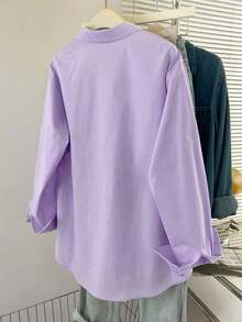 Camisa casual de manga larga de un solo pecho y holgada de unicolor para mujer, otoño - Morado - Ver 2