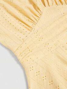 Nuevo vestido elegante corto para mujer con cuello en V, busto fruncido, mangas con volantes y cintura ceñida.Favorecedora y elegante. - Amarillo claro - Ver 5