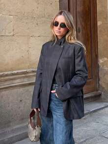 Chaqueta de mujer con estampado de cuadros, chaqueta corta suelta de manga larga con cuello alto y un solo botón, adecuada para la oficina, el transporte y el uso diario en color negro - Negro - Ver 7