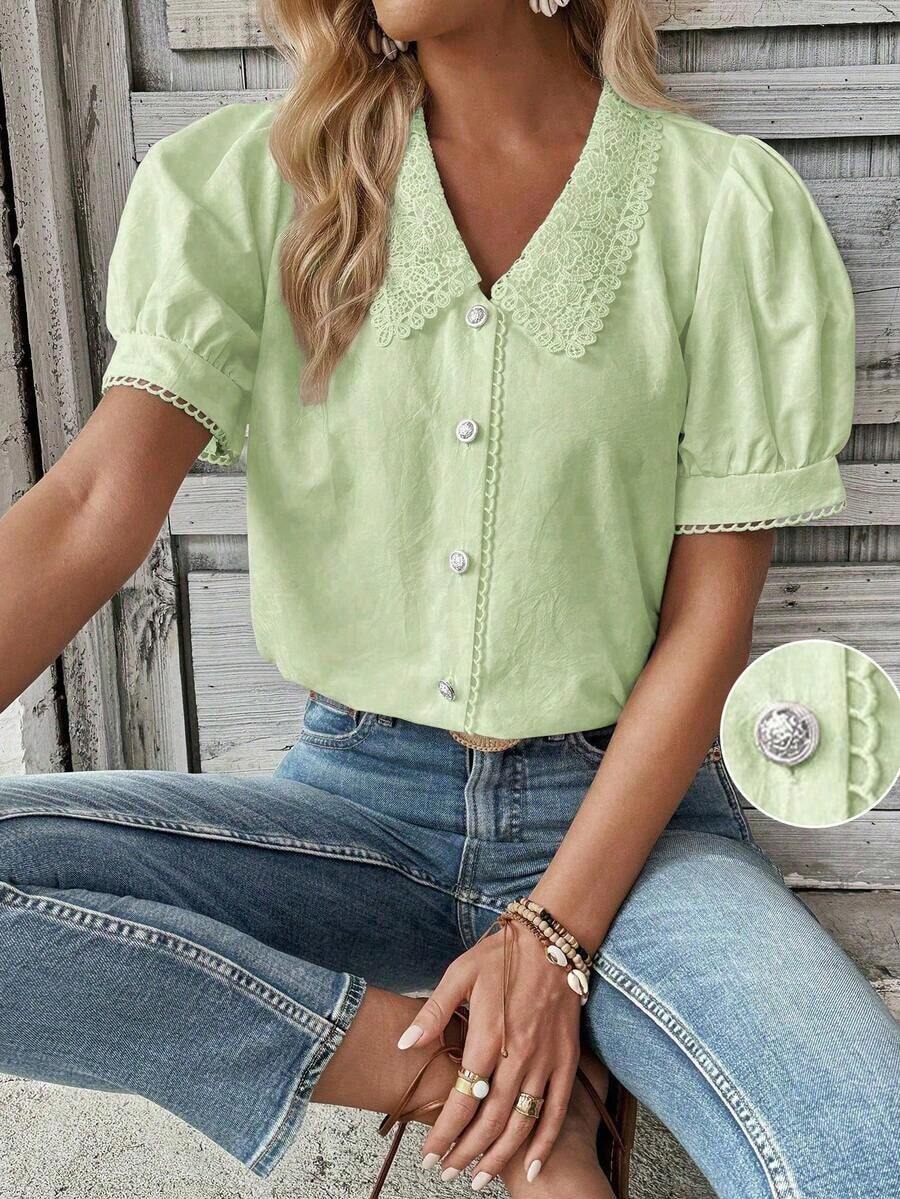 Camisa casual de mujer de manga corta con encaje de contraste - Verde - Ver 1