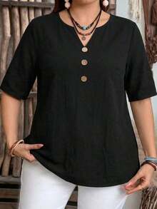 Camisa de mujer de estilo minimalista casual con microrayas azules, adecuada para primavera/verano, con vibra de resort - Negro - Ver 3