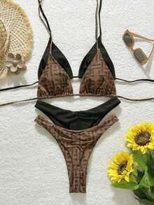 Conjunto de traje de baño de 4 piezas con cuentas marrón y a rayas, para primavera/verano 2026, conjunto de bikini de alta gama para resort de playa - Multicolor - Ver 3