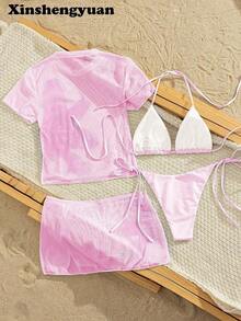 Conjunto de bikini de 4 piezas/set con top de manga corta de tela de malla con estampado floral sexy y elegante, Bottom de traje de baño con lazos laterales, tela de estiramiento medio, adecuado para vacaciones, playa, actividades en la piscina, fiestas en la playa, verano - Multicolor 2 - Ver 2
