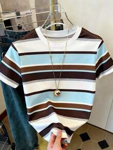 Camiseta de mujer de manga corta con cuello redondo, estampado de rayas de colores, informal, para verano - Multicolor 2 - Ver 3