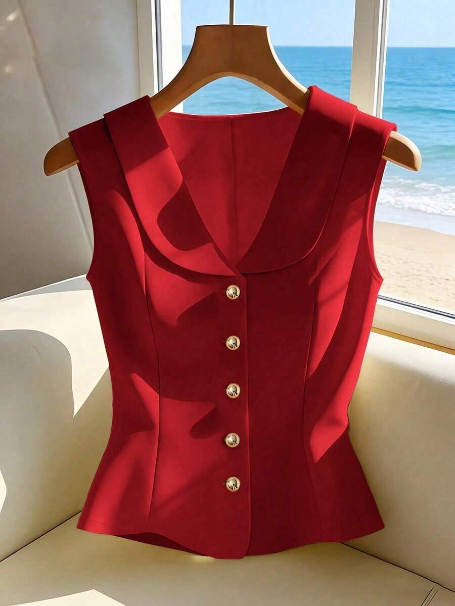 Blusa sin mangas amarilla elegante, top de verano elegante y estilizador para mujeres - Rojo - Ver 1