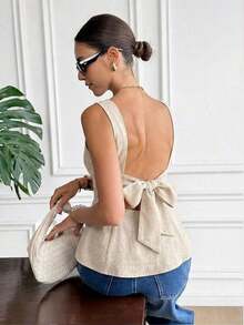 sin mangas con cuello de barco, unicolor, espalda descubierta, decoración de lazo, bajo con volantes, versátil, para vacaciones y citas - Albaricoque 2 - Ver 5